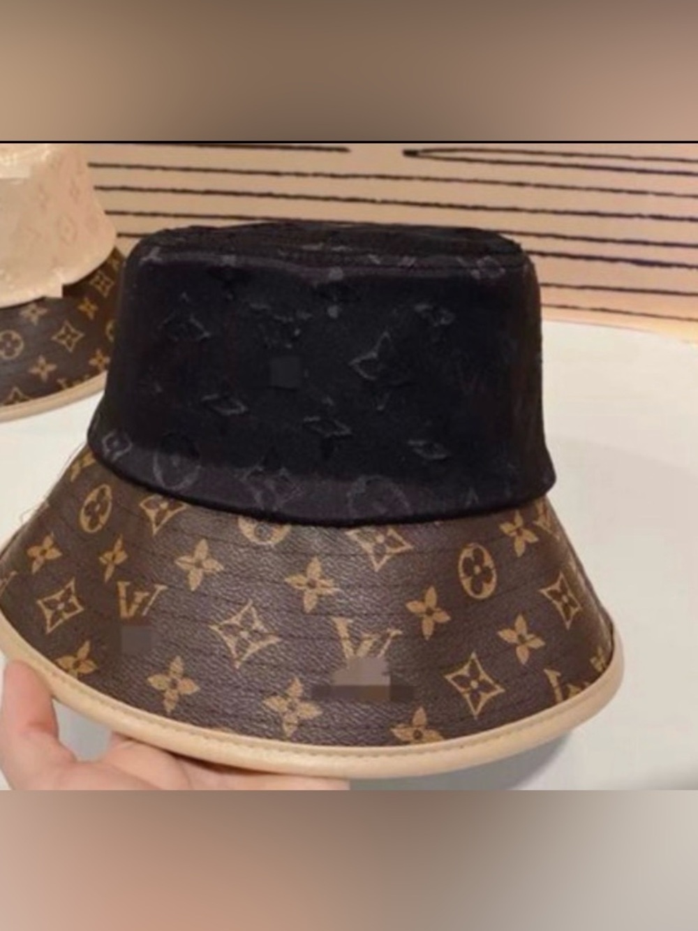 Monogram Bucket Hat in Black and Brown with Tan Trim